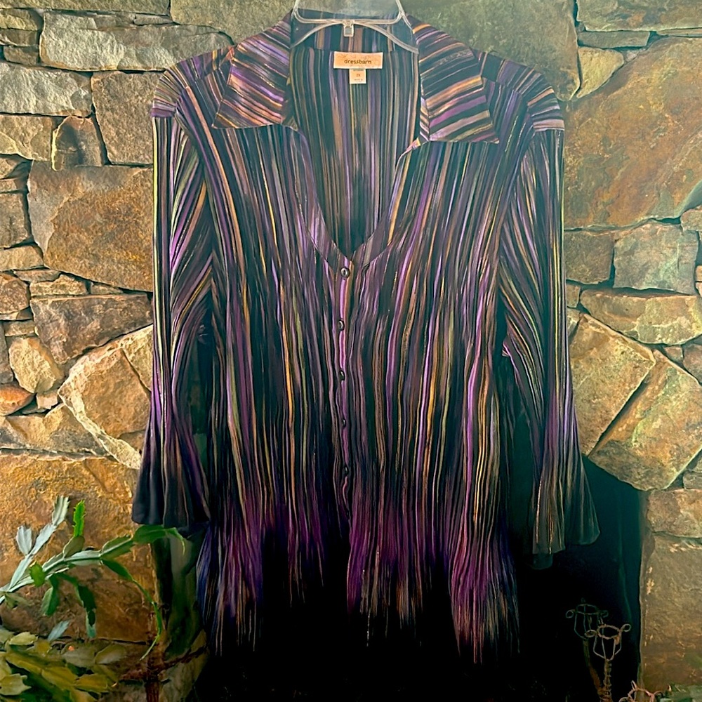 Mardi Gras Flowy Tunic Top Purple Black Gold;Button Front;3/4 Bell Sleeves;NWOT - Picture 4 of 12